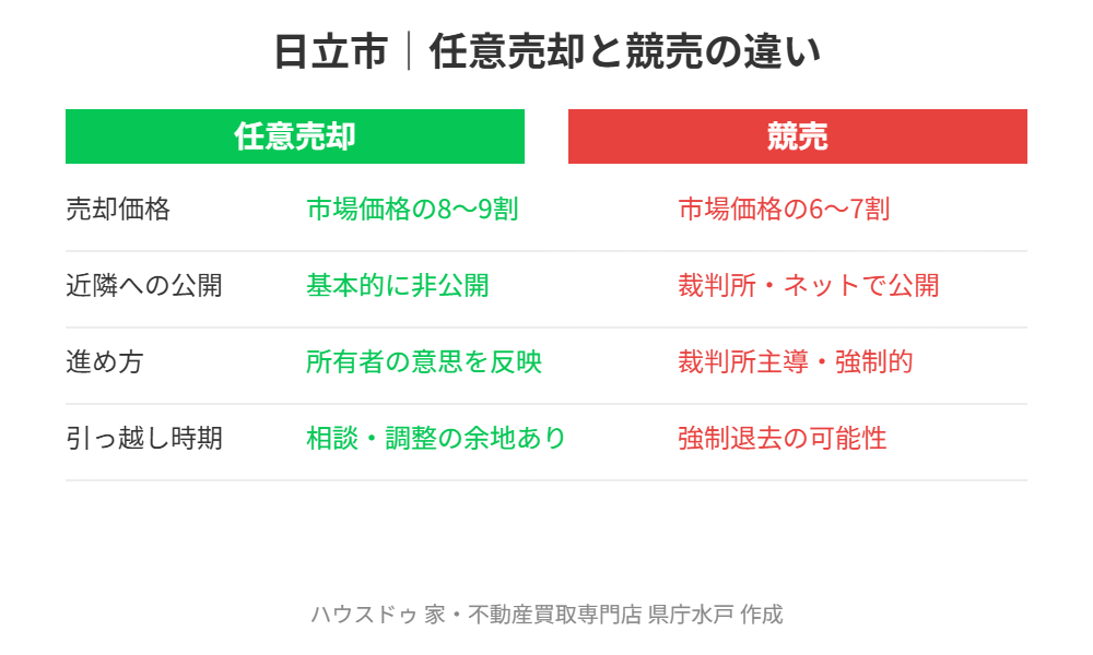 日立市の任意売却と競売の違い比較図｜ハウスドゥ県庁水戸