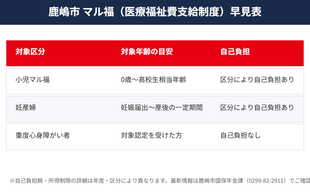 鹿嶋市 マル福 医療福祉費支給制度 自己負担早見表