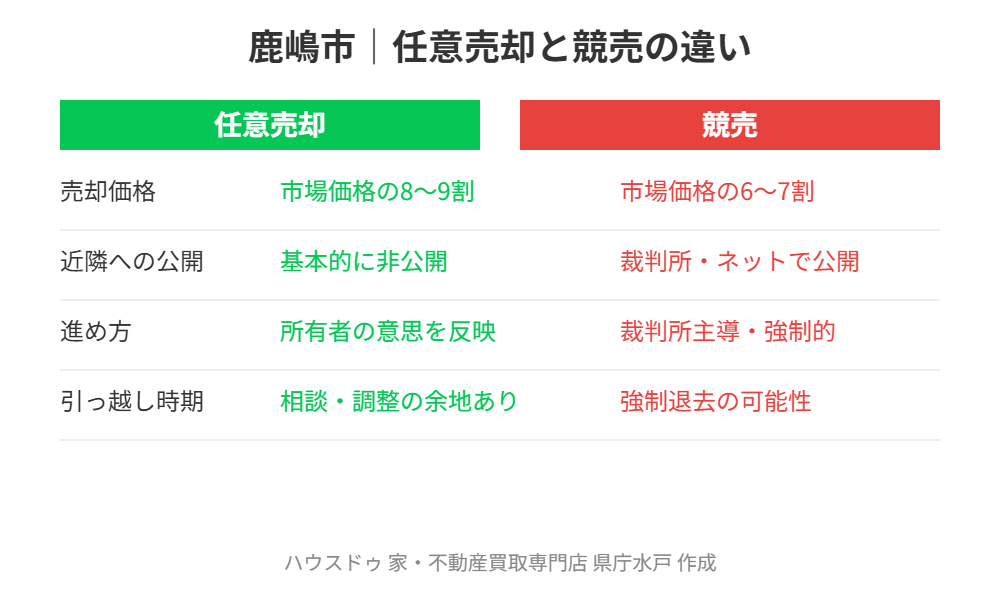 鹿嶋市の任意売却と競売の違い比較図｜ハウスドゥ県庁水戸