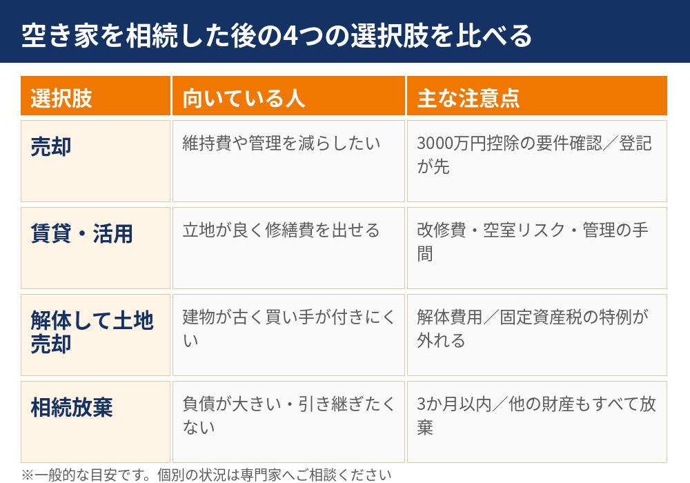 空き家を相続した後の4つの選択肢の比較表｜売却・活用・解体・相続放棄｜水戸市