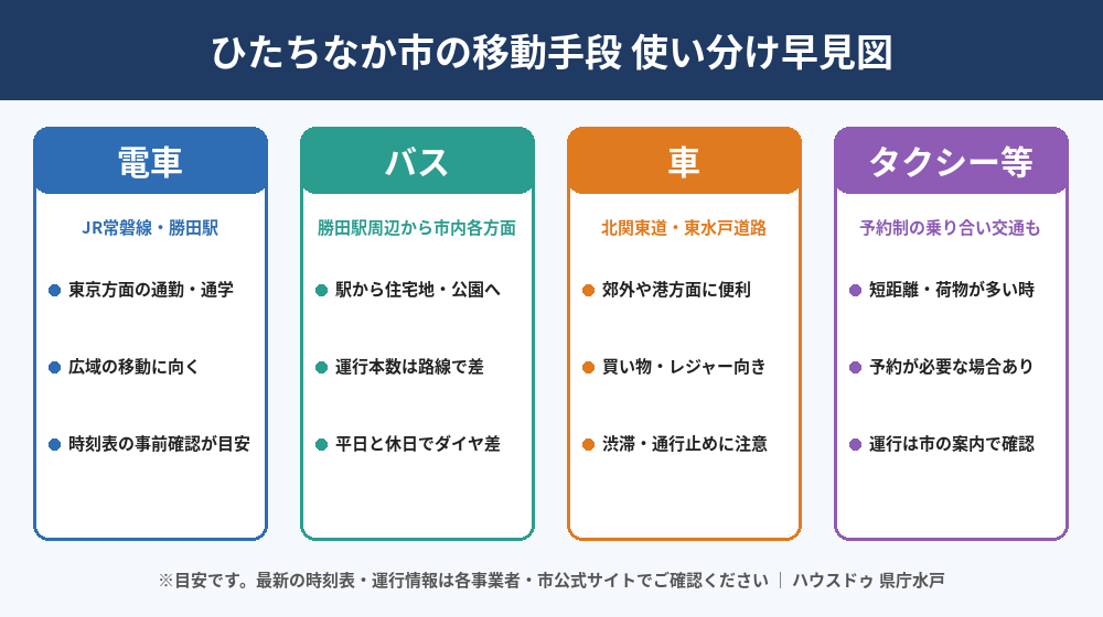 ひたちなか市の交通アクセス｜電車・バス・車・タクシーの使い分け早見図｜ハウスドゥ 県庁水戸