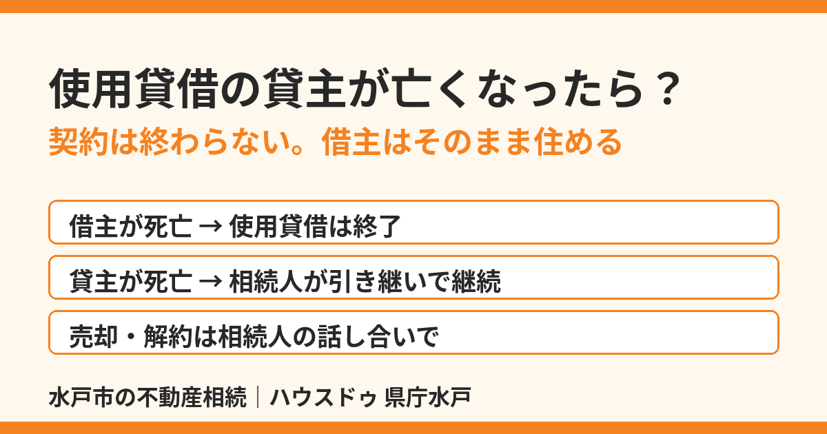 使用貸借の貸主が死亡したら契約はどうなる?相続人が引き継ぐ|水戸市|ハウスドゥ 県庁水戸